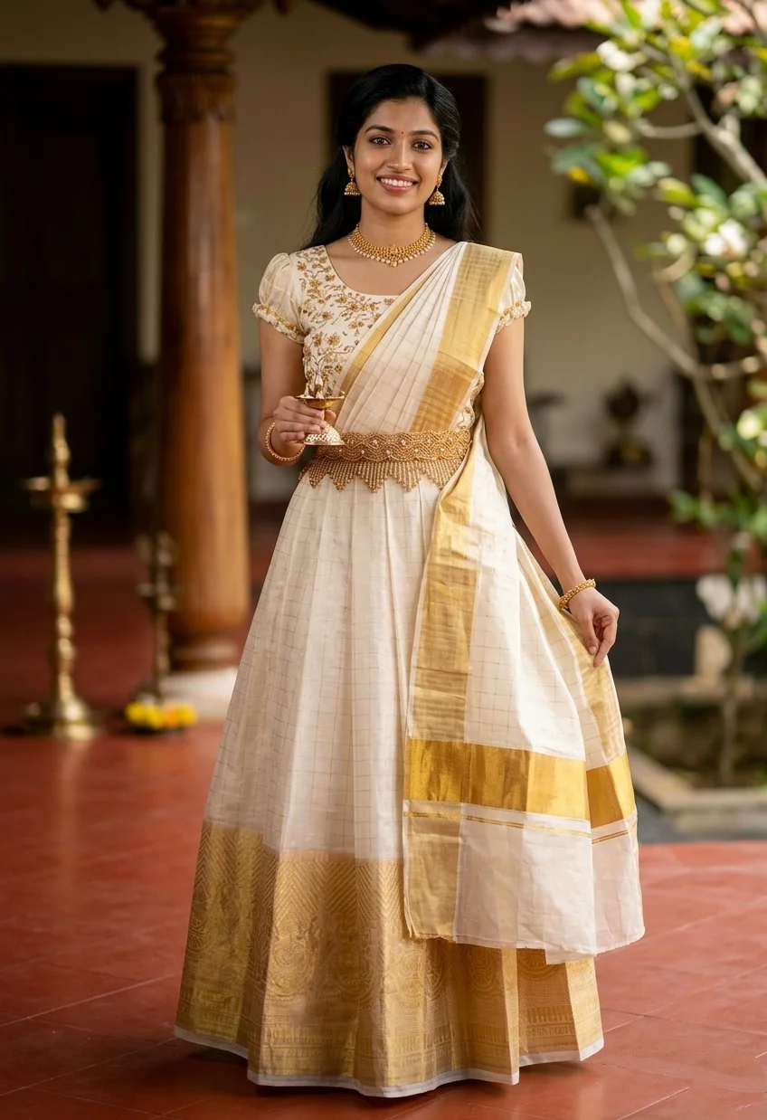 White and gold kasavu dhavani gown