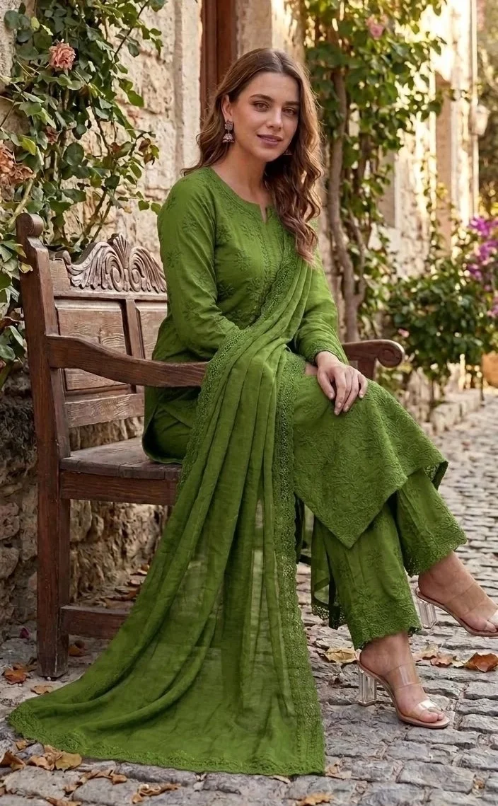 Olive Green Ryon Chickenkari Three Piece Suit