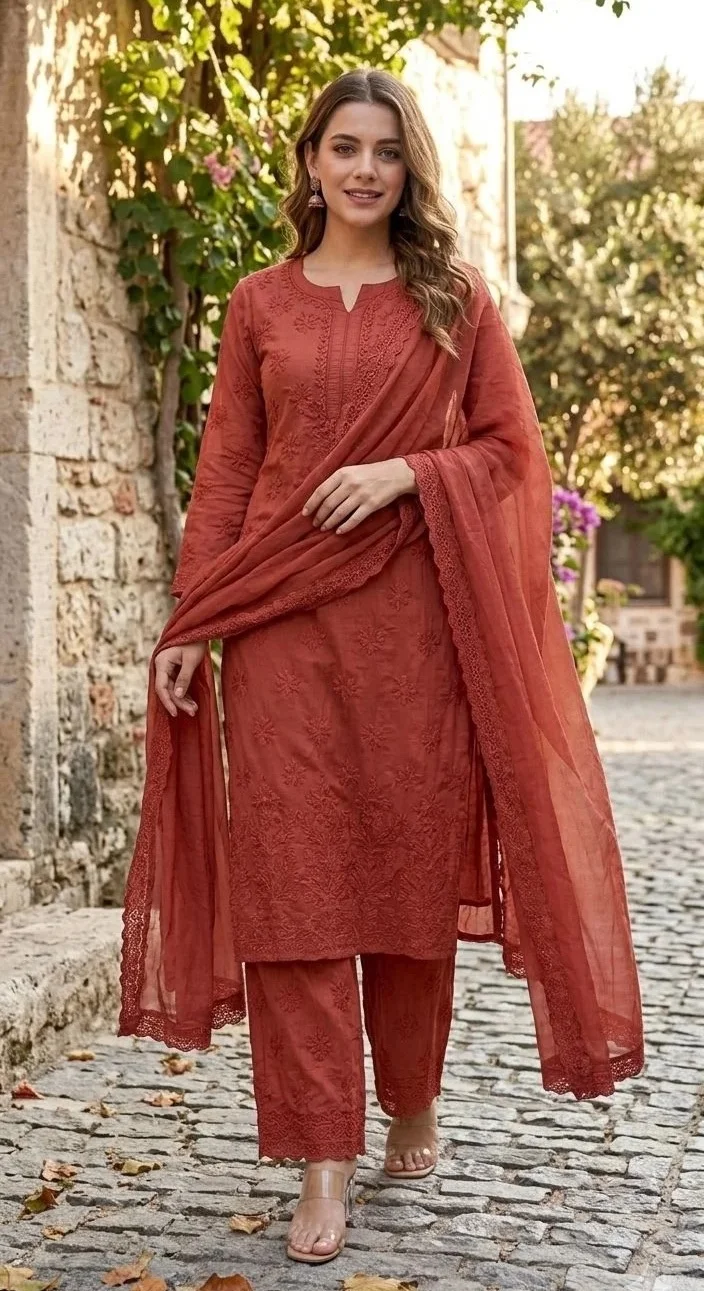 Rusty Orange Three Piece Chickenkari Suit