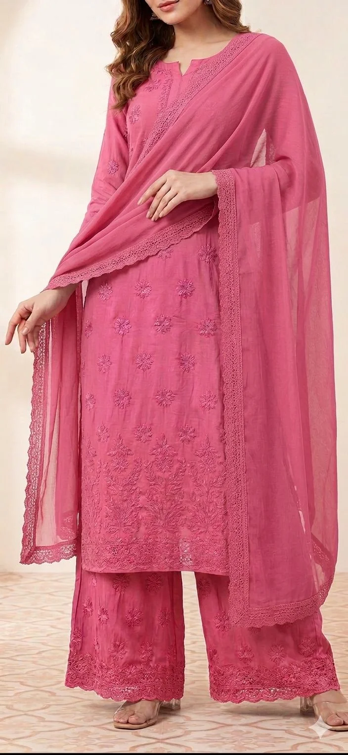 Rose Pink Three Piece Chickenkari Suit