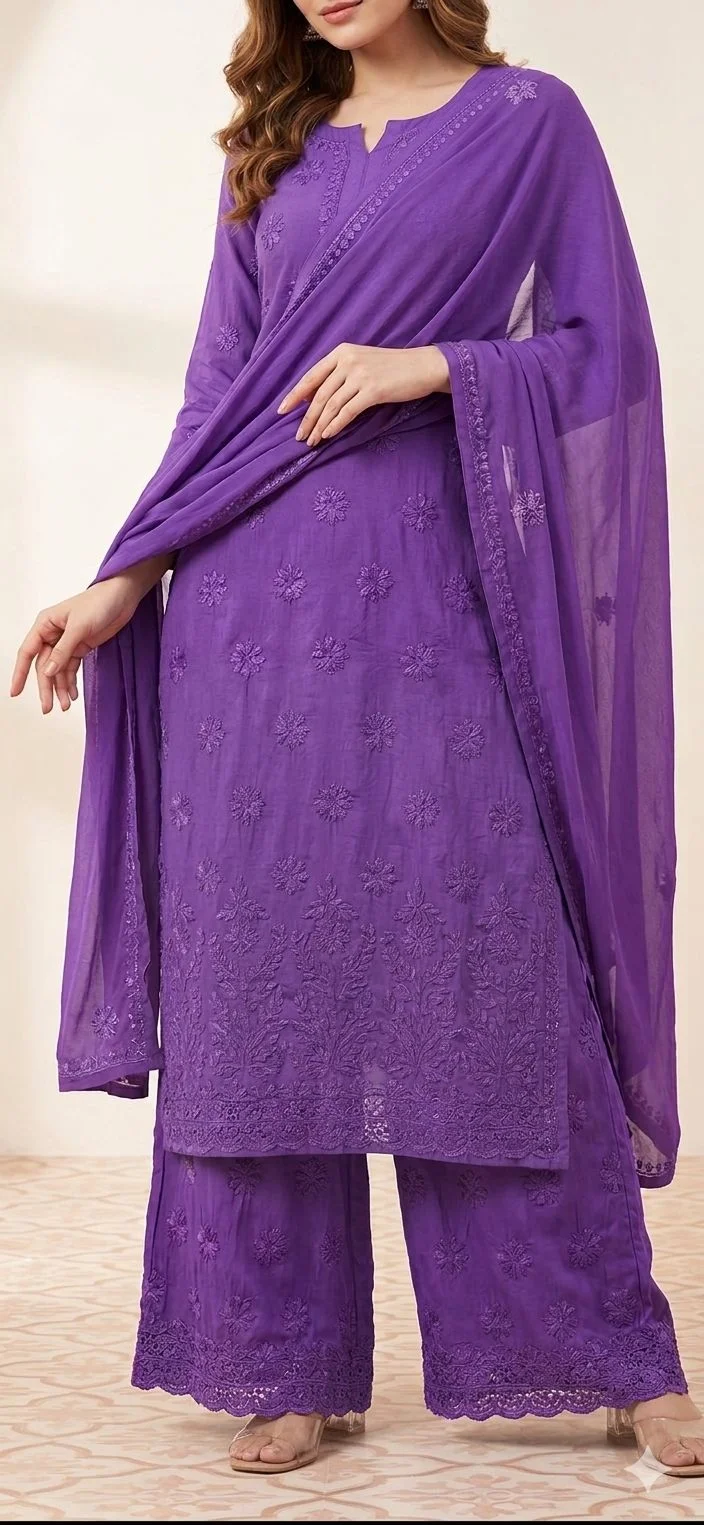 Purple Three Piece Chickenkari Suit