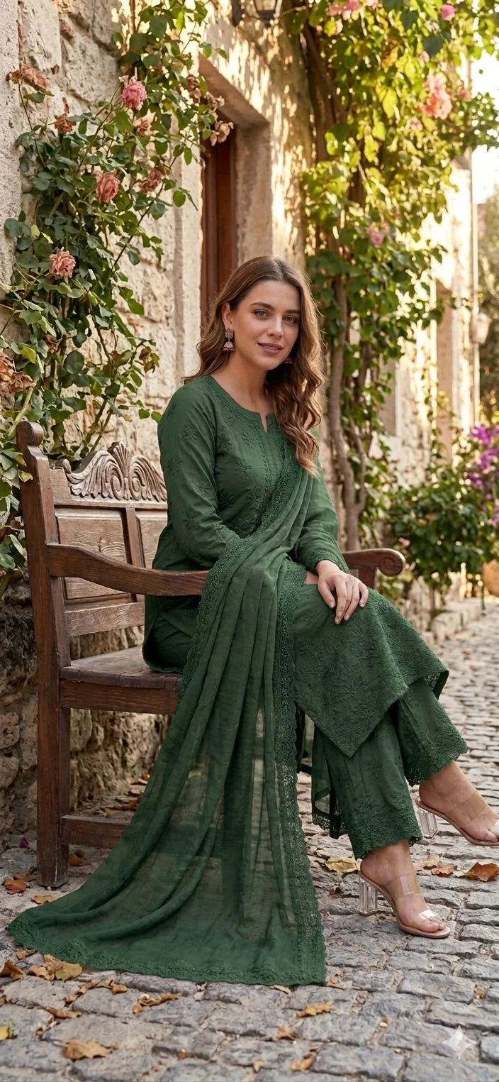 BOTTLEGREEN CHICKENKARI THREE PIECE SUIT