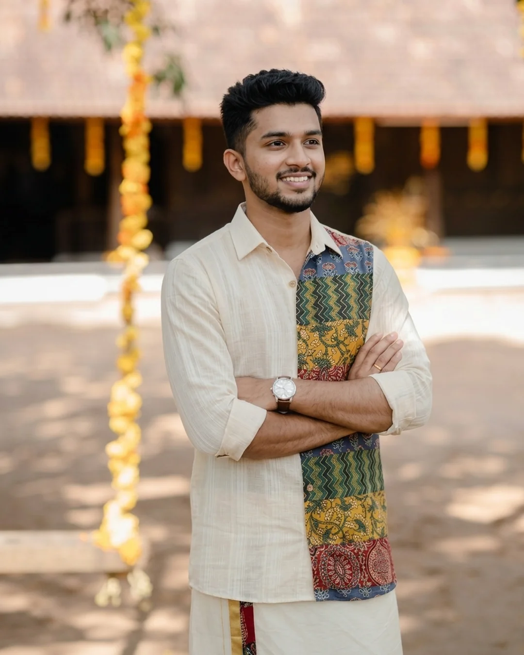 Ajrakh-style patchwork Shirt & Mundu