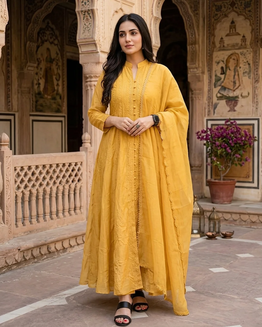 Golden-Yellow Chikan Anarkali