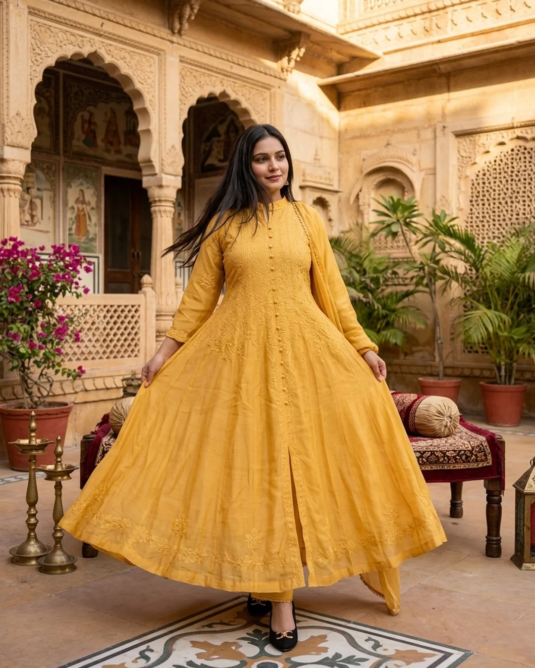 Golden-Yellow Chikan Anarkali - Image 2