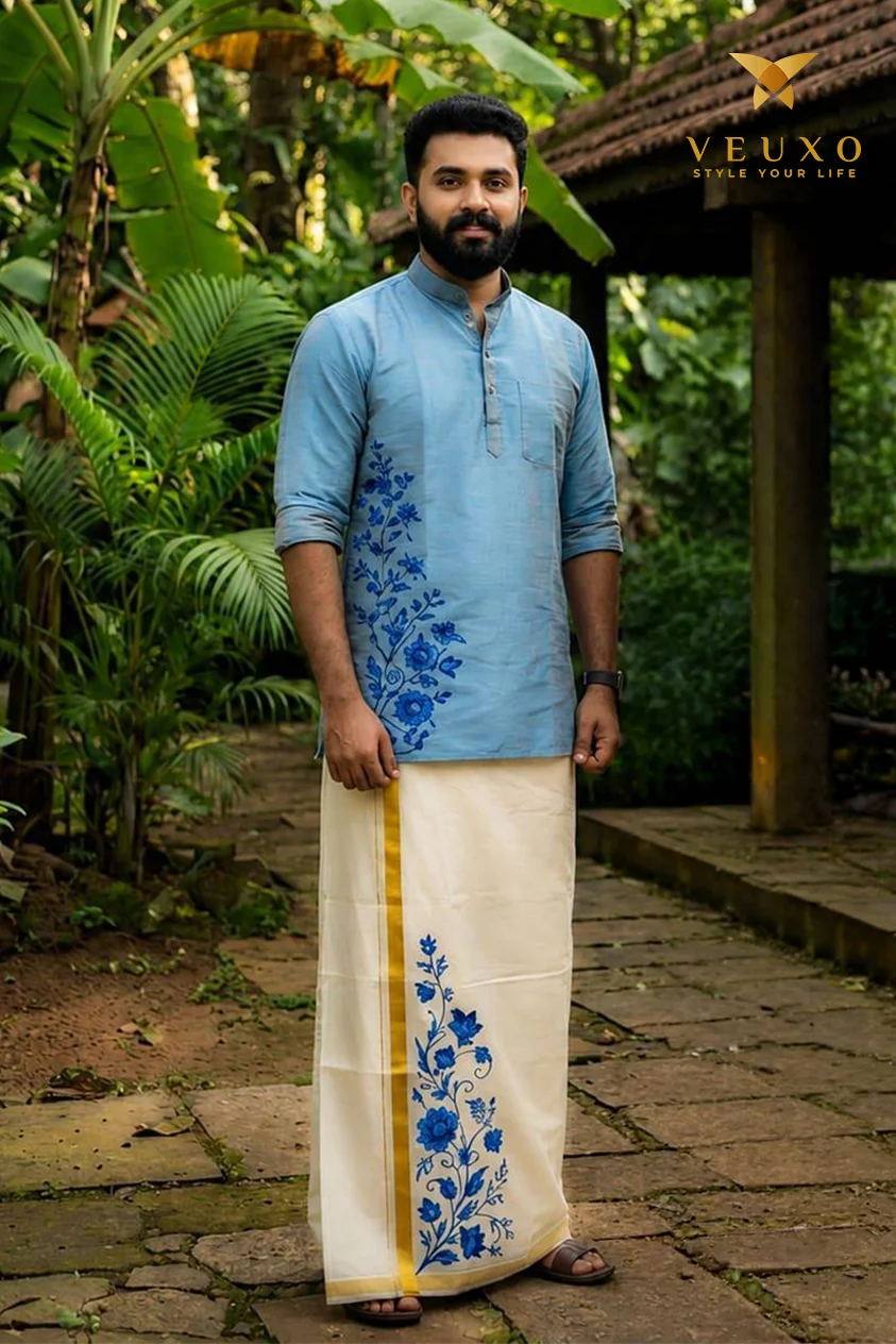 Blue floral printed Kurtha and dhothi combo