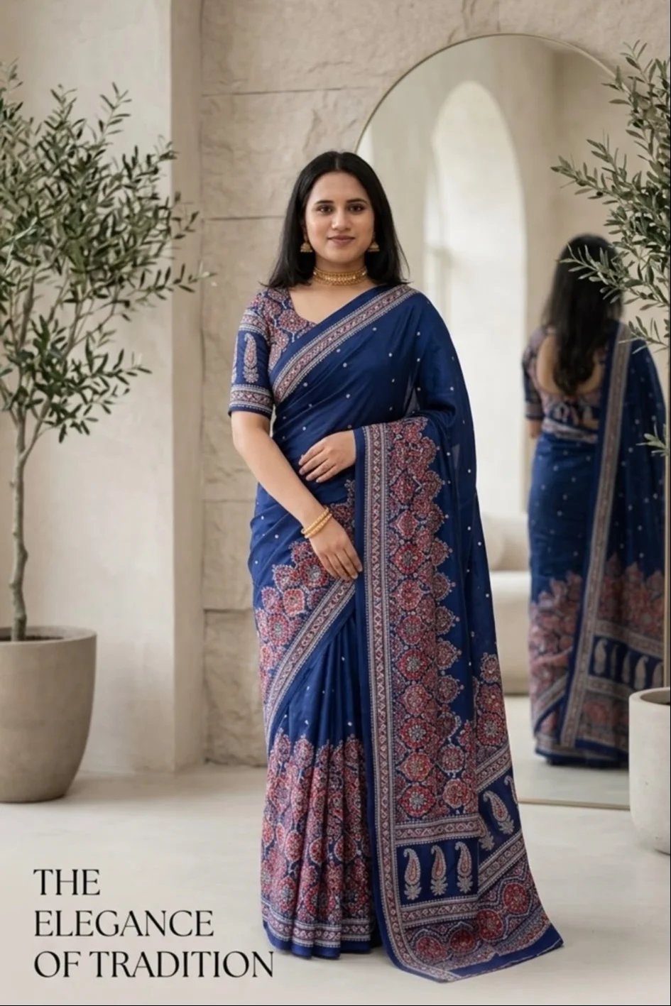 Ready to wear semi modal blue saree with Mirrorwork