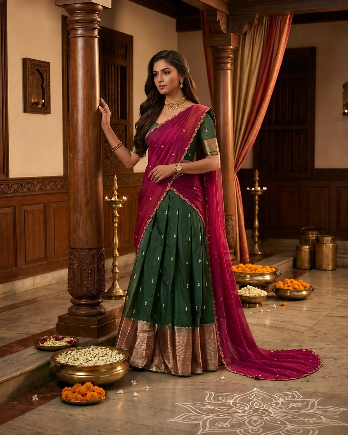 Kanji Cotton Emerald Green & Magenta Pink Dhavani