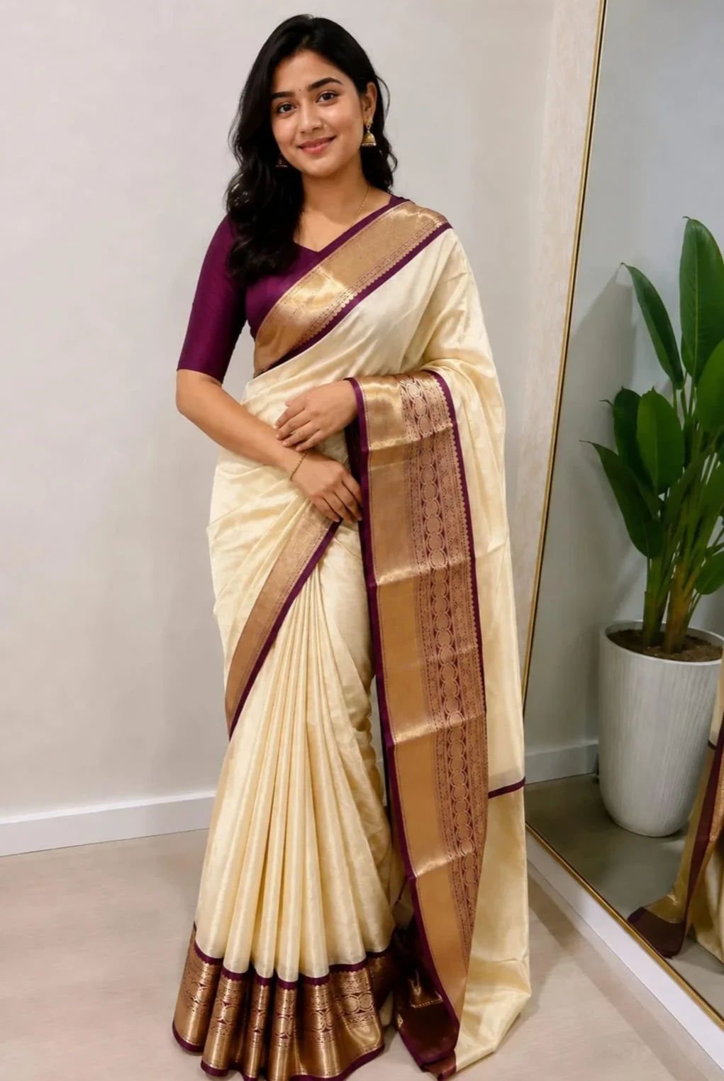 The elegant light gold silk saree